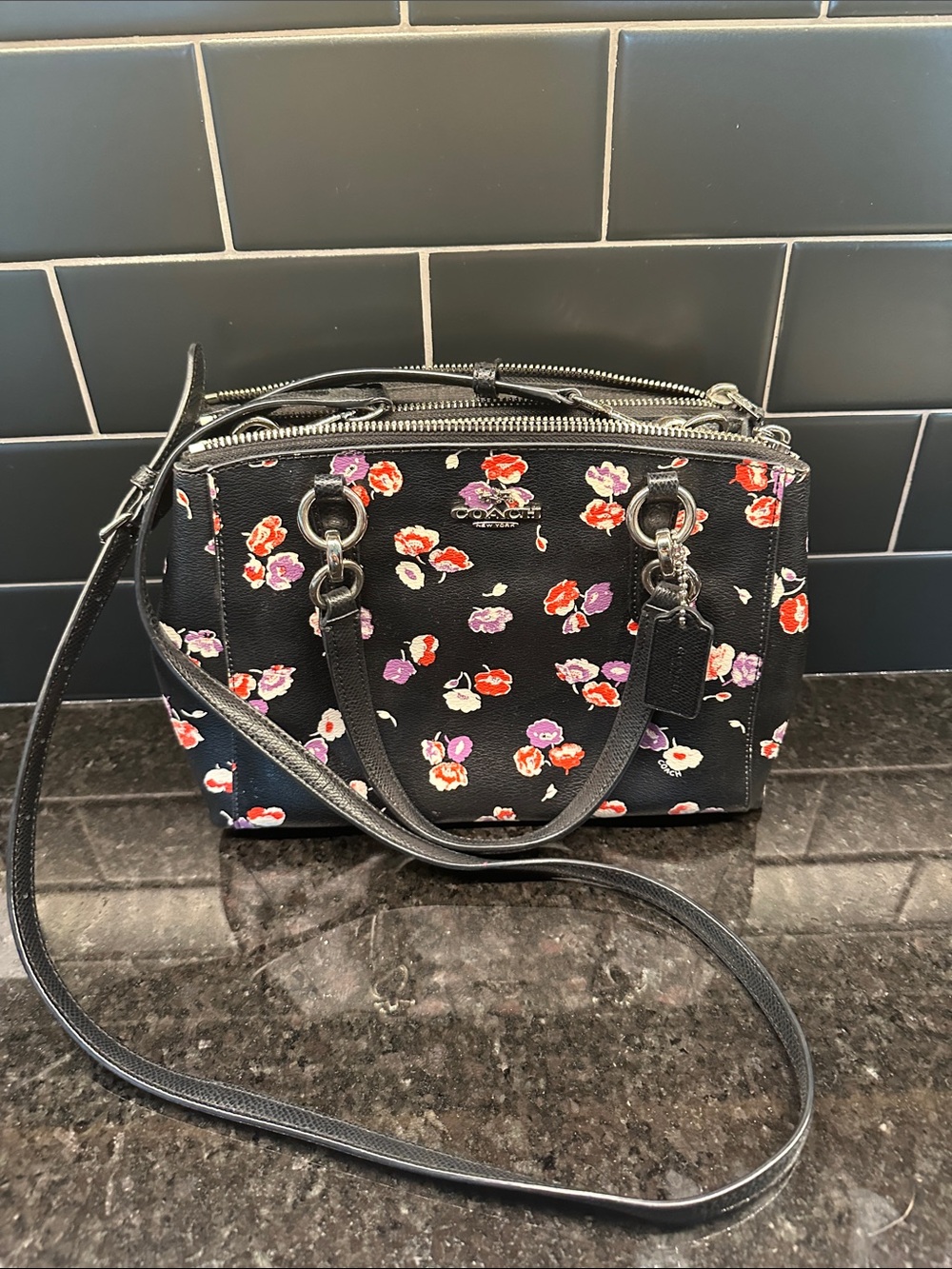 Coach Black Floral Crossbody Satchel with Red & Pink Accents